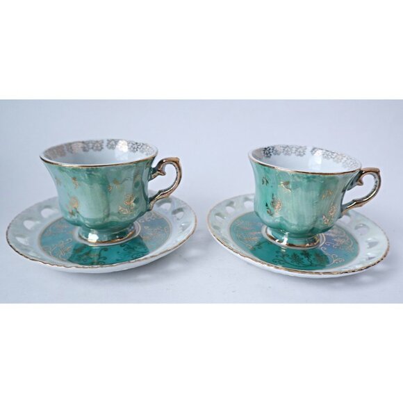 6 Vintage Teacup & Reticulated Saucer Tea Cups Lusterware Japan Ohashi China - Picture 2 of 6